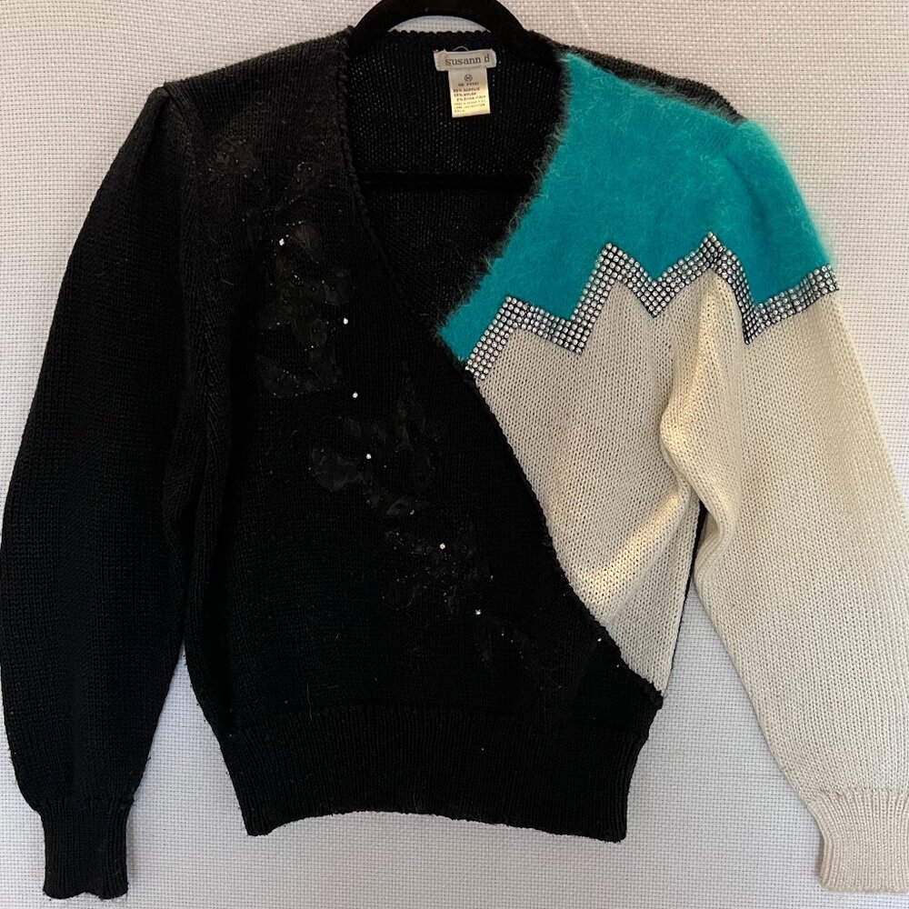 VTG Susann D 1980s Glam Color Block‎ Sweater Medium Black White Blue Rhinestones